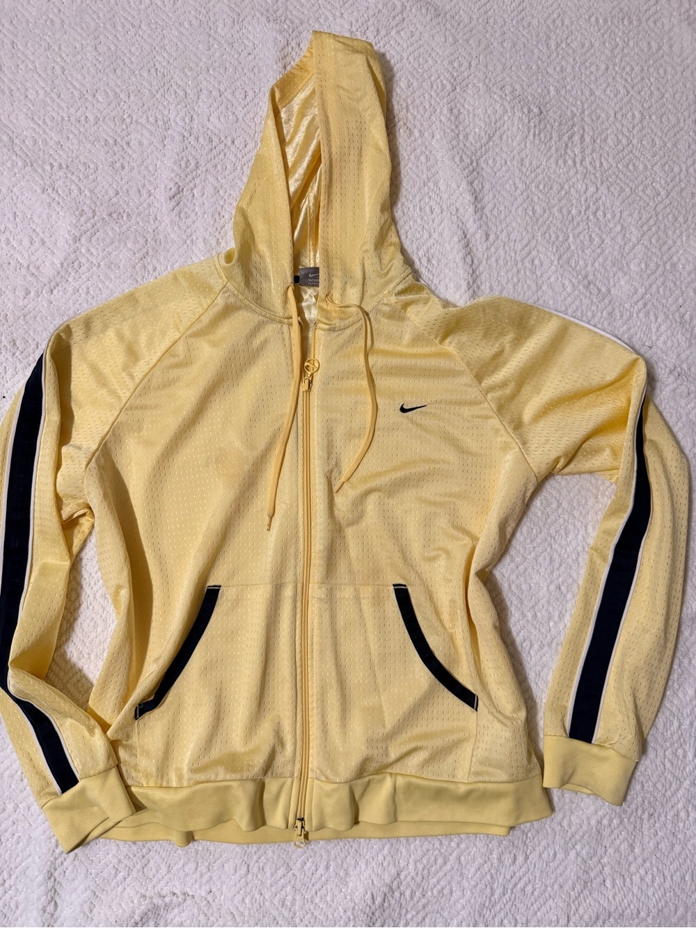 Vintage Y2K Nike Yellow Hooded Zip-Up Jacket with Black Stripe Accents